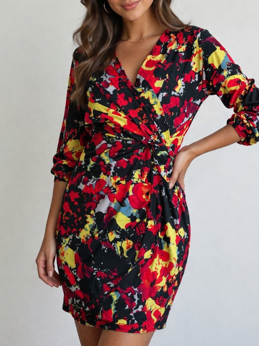 cleo Black Wrap Dress with Red & Yellow Floral Print size 18